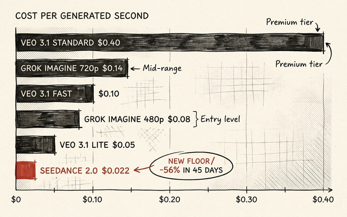 Hand-drawn editorial bar chart on cream paper: horizontal bars showing per-second pricing for AI video models. Six bars labeled top-to-bottom: VEO 3.1 STANDARD ($0.40), VEO 3.1 FAST ($0.10), VEO 3.1 LITE ($0.05), GROK IMAGINE 1.5 720p ($0.14), GROK IMAGINE 1.5 480p ($0.08), SEEDANCE 2.0 ($0.022). The SEEDANCE 2.0 bar is shortest and rendered in editorial red, with a small label reading "the new floor / -56% vs Veo 3.1 Lite in 45 days". The chart is right-weighted with a labeled "$" axis along the bottom.