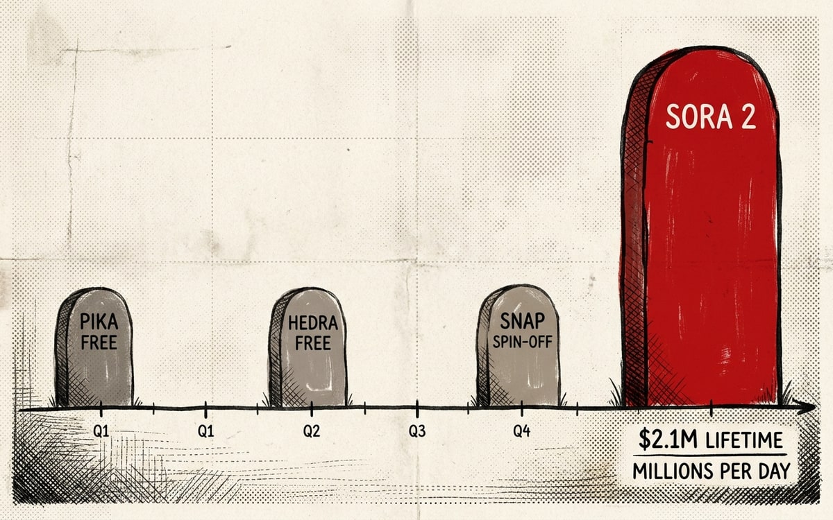 Editorial tombstone-style timeline of consumer AI-video shutdowns: four small tombstones aligned along a horizontal date axis with Sora 2 rendered larger and in editorial red at the right-hand end, labeled "$2.1M / millions per day".