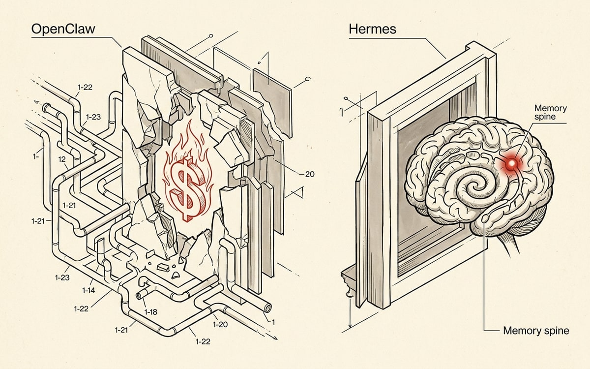 OpenClaw: fractured gateway, 22 pipes, dollar sign on fire. Hermes: spiral brain with red warning node at the memory spine.