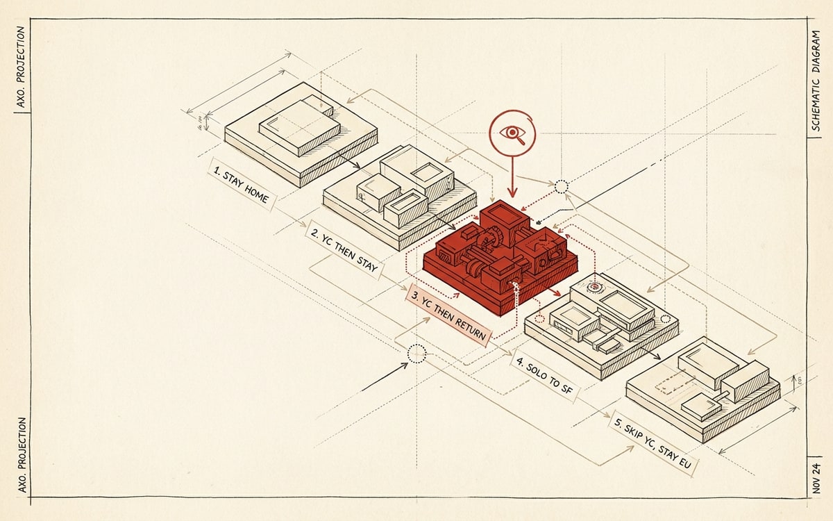 A hand-drawn axonometric cascade of five rectangular path-tiles on cream paper, falling diagonally from upper-left to lower-right, each labeled (1. STAY HOME, 2. YC THEN STAY, 3. YC THEN RETURN, 4. SOLO TO SF, 5. SKIP YC STAY EU) — the middle tile "3. YC THEN RETURN" rendered in editorial red as the recommended path