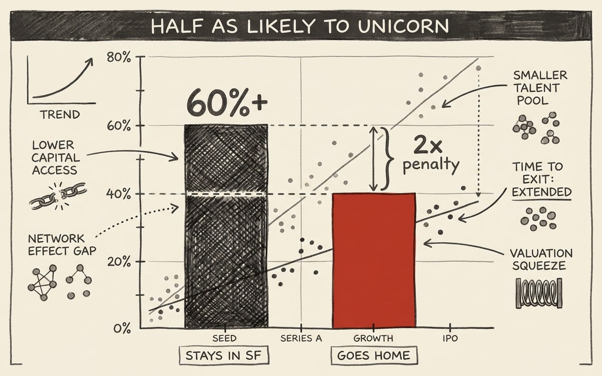 Two hand-drawn editorial bar columns on cream paper: a tall grey "STAYS IN SF" column on the left, a half-height red "GOES HOME" column on the right, connected by a dashed midpoint rule — the half-as-likely-to-unicorn gap visualized as a 2x penalty