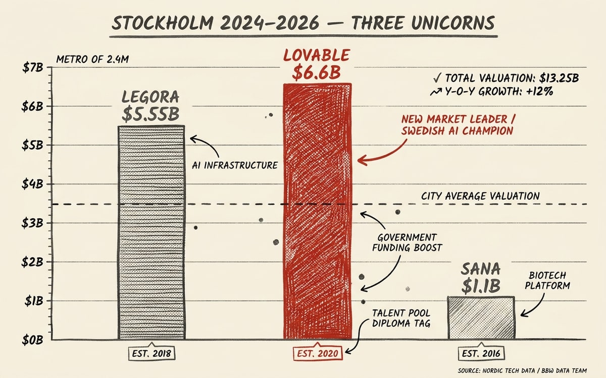 Three hand-drawn editorial bar columns on cream paper, sized proportionally to AI-company valuations: Legora $5.55B (left, grey), Lovable $6.6B (middle, editorial red — the tallest), Sana $1.1B (right, grey, shortest), with a "STOCKHOLM 2024-2026" rule above — three AI unicorns from a metro of 2.4M