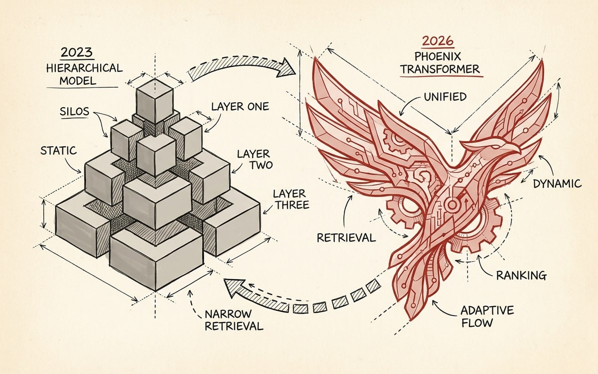 2023 vs 2026 — the old hierarchical model stack on the left (gray boxes), the unified red Phoenix transformer on the right with retrieval + ranking.