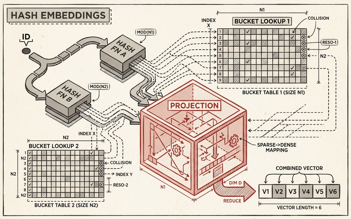 Hash embeddings — an ID splits into two hash-bucket lookups, both feeding a central red projection box that emits one combined vector.