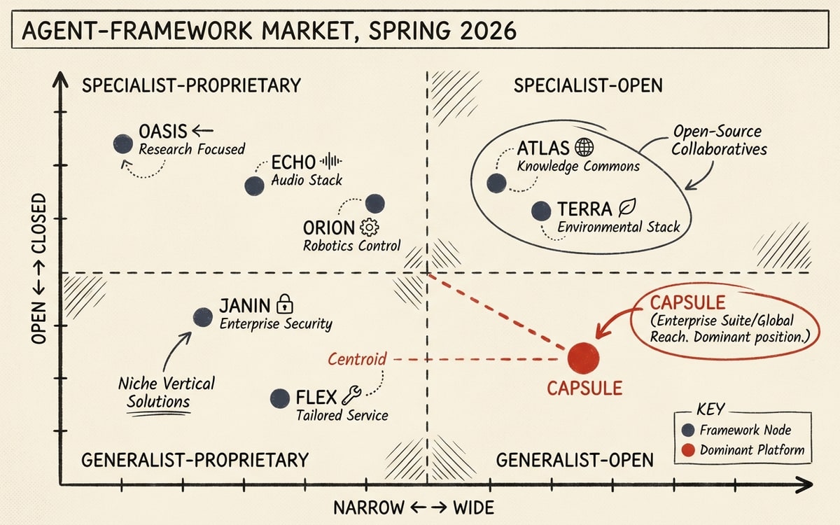 A two-axis positioning map with eight quiet navy dots and one bright red one in the closed/wide quadrant — Capsule's slot in the spring 2026 agent-framework market.