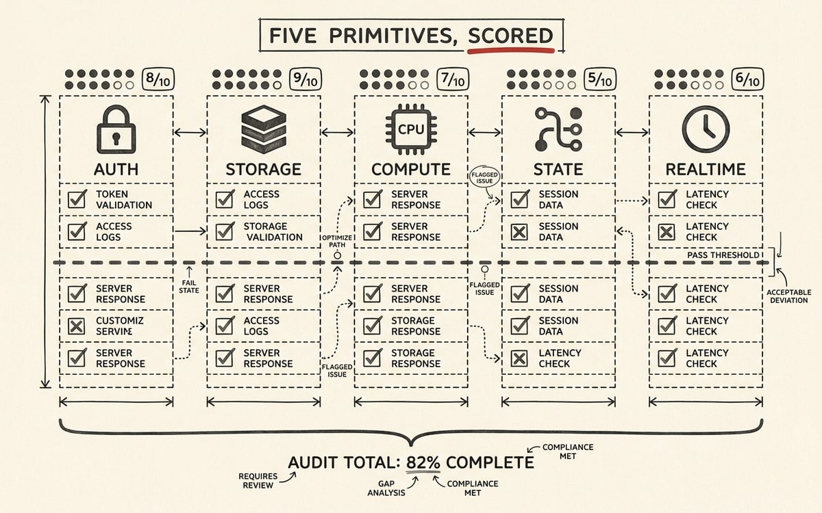 Five abstract glyphs in a row, each with a small completion-dot tally above it — the visual shorthand for the five-primitives audit.