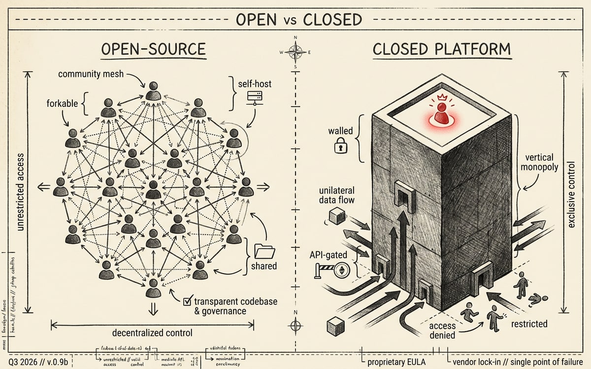 A ring of connected figures on one side, an opaque monolith with a single figure perched on top on the other — the open-source-vs-closed-platform contrast that the Supabase analogy obscures.