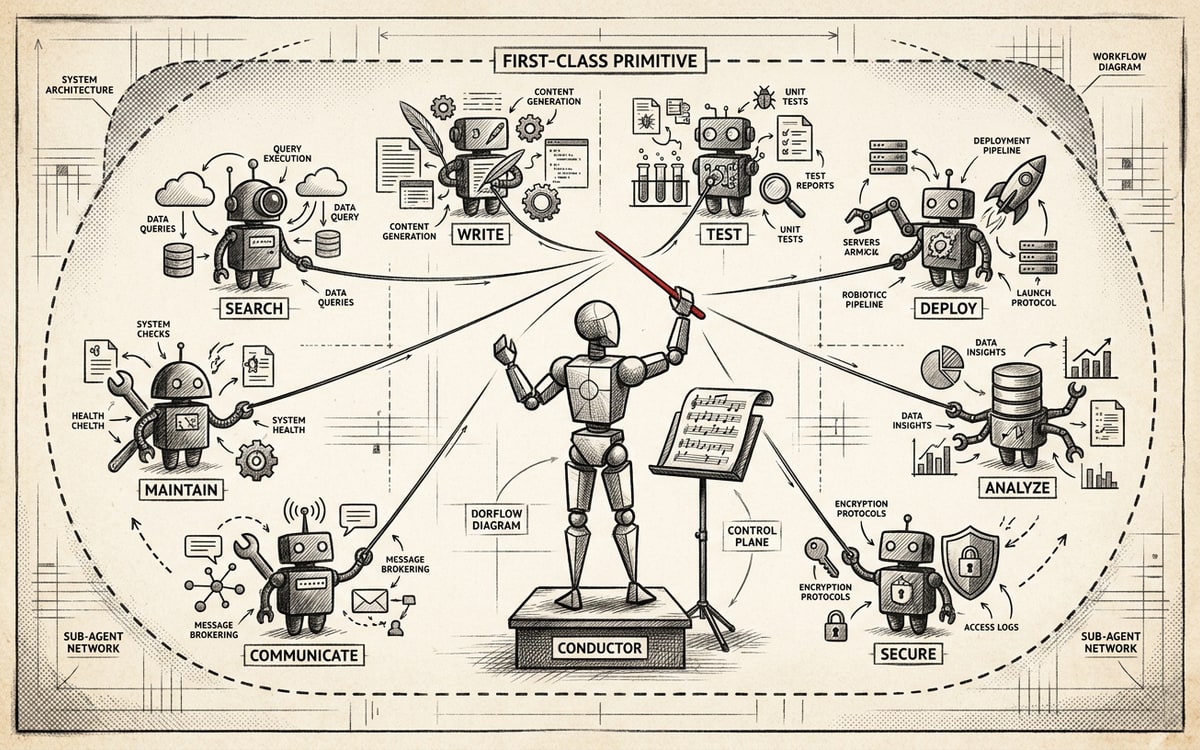 A conductor figure on a podium directing 8 small worker-bot silhouettes arrayed in a semicircle — the multi-subagent orchestration pattern Antigravity 2.0 exposes as a first-class primitive.
