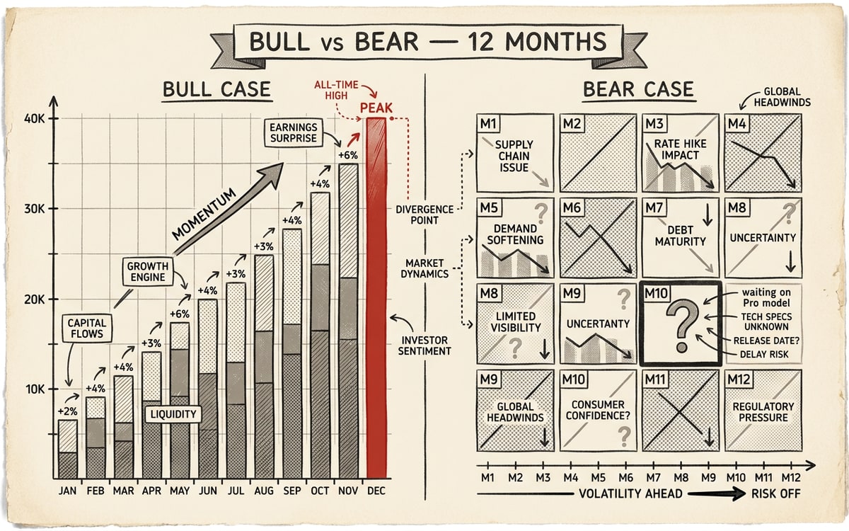 A split-panel chart: on the left, a rising bar chart with one tall red bar at the top representing the bull case; on the right, a calendar with one square highlighted in red and a question mark hovering above it representing the bear case waiting on the Pro model.