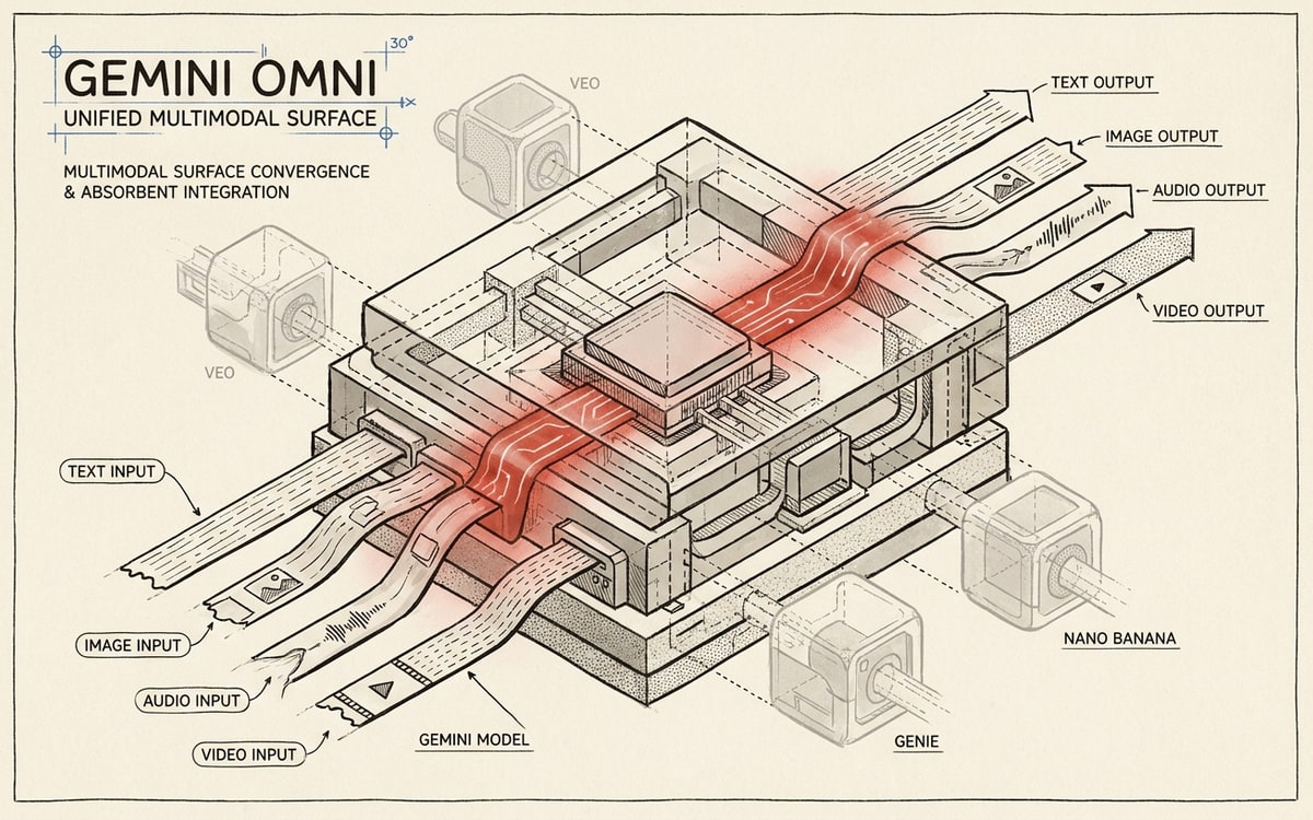 Gemini Omni's unified multimodal surface — text, image, audio, video inputs converging into a single model that produces text, image, audio, and video outputs, with the surrounding specialist models (Veo, Imagen, Nano Banana, Genie) absorbed into the unified API.