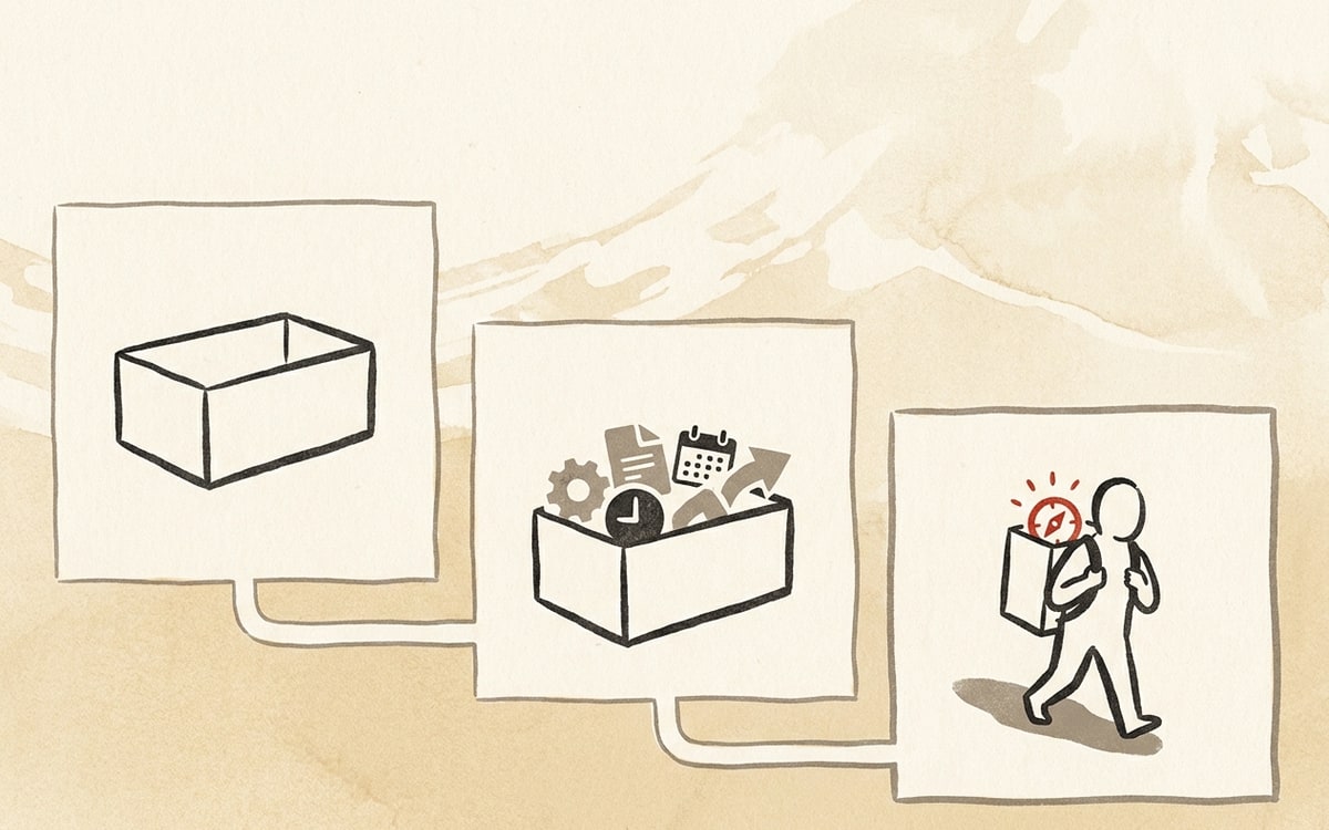 A search box transforming through three stages — from an empty rectangle, to a rectangle holding small task icons, to a small walking figure carrying the box — visualizing the shift from query surface to agent surface.