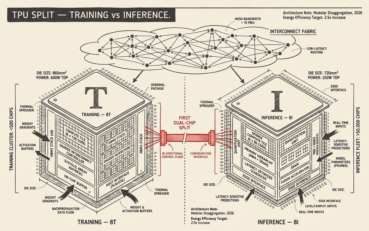 Two TPU chip-shapes side by side, one labeled with a T glyph for training, the other with an I glyph for inference — Google's first dual-chip split in the TPU line, framed by an abstract network-fabric cloud above.