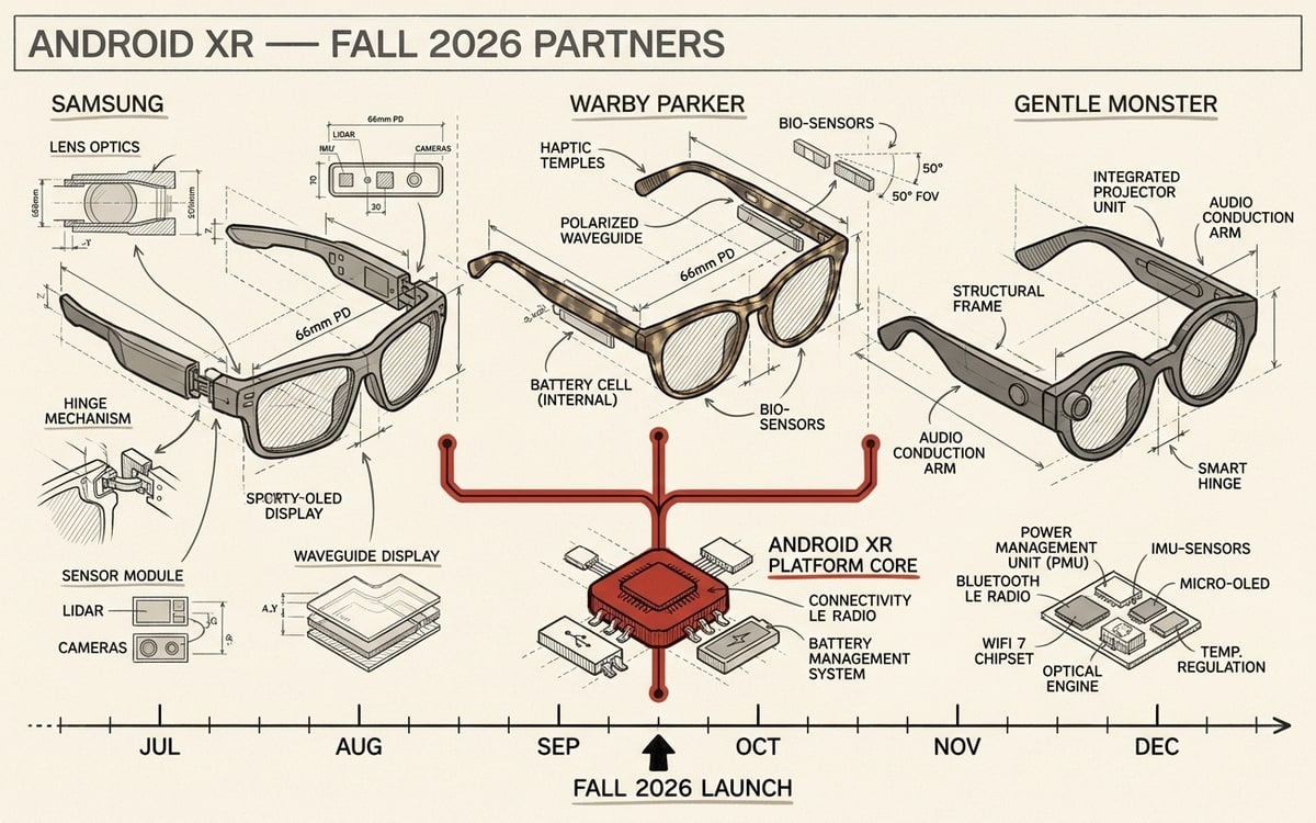 Three different glasses-shape silhouettes in a horizontal row — the Samsung, Warby Parker, and Gentle Monster partnership for the fall 2026 Android XR launch.