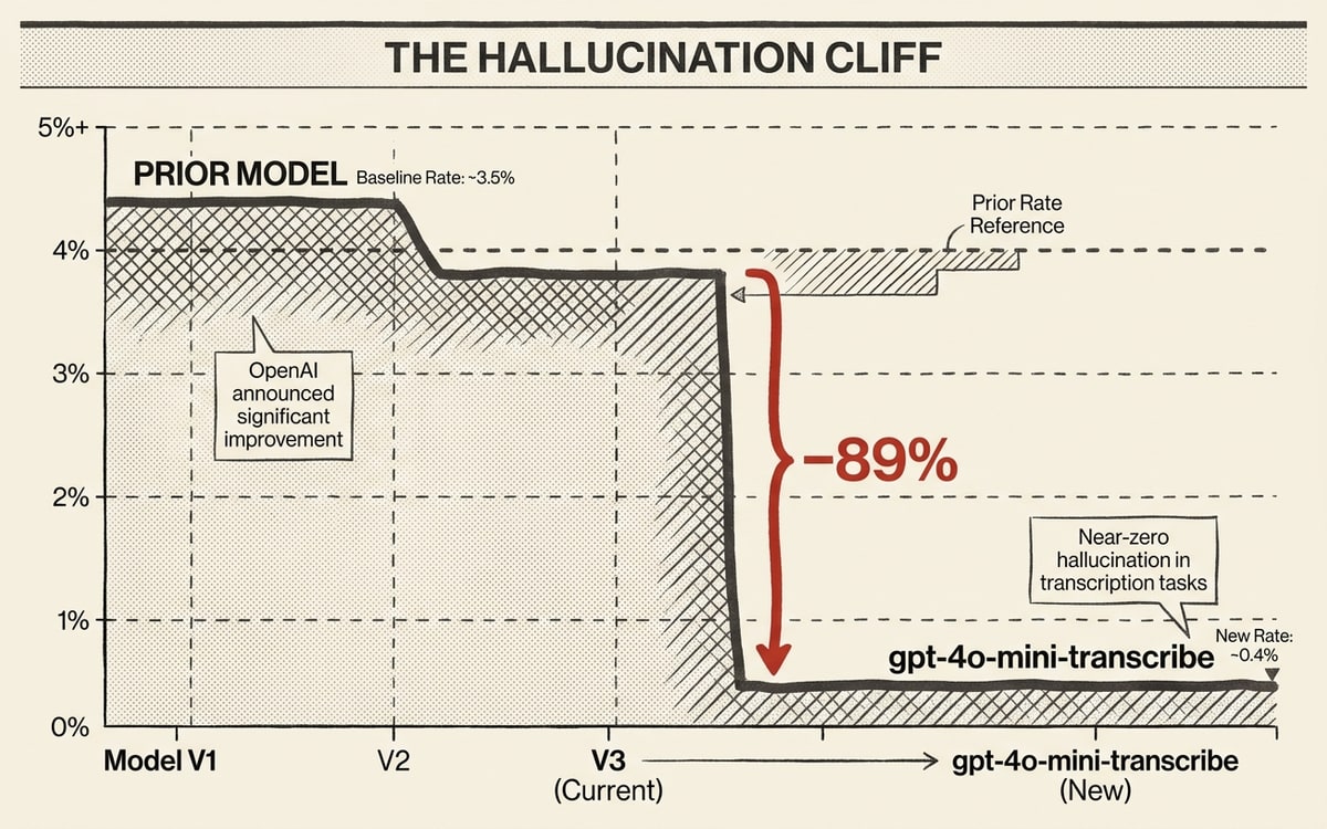 The 89% hallucination reduction OpenAI announced for gpt-4o-mini-transcribe — large, quiet, real.