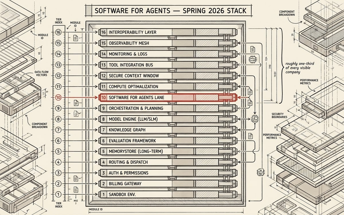 A stack of sixteen layers. The Software for Agents lane in the Spring 2026 batch — roughly one-third of every visible company.