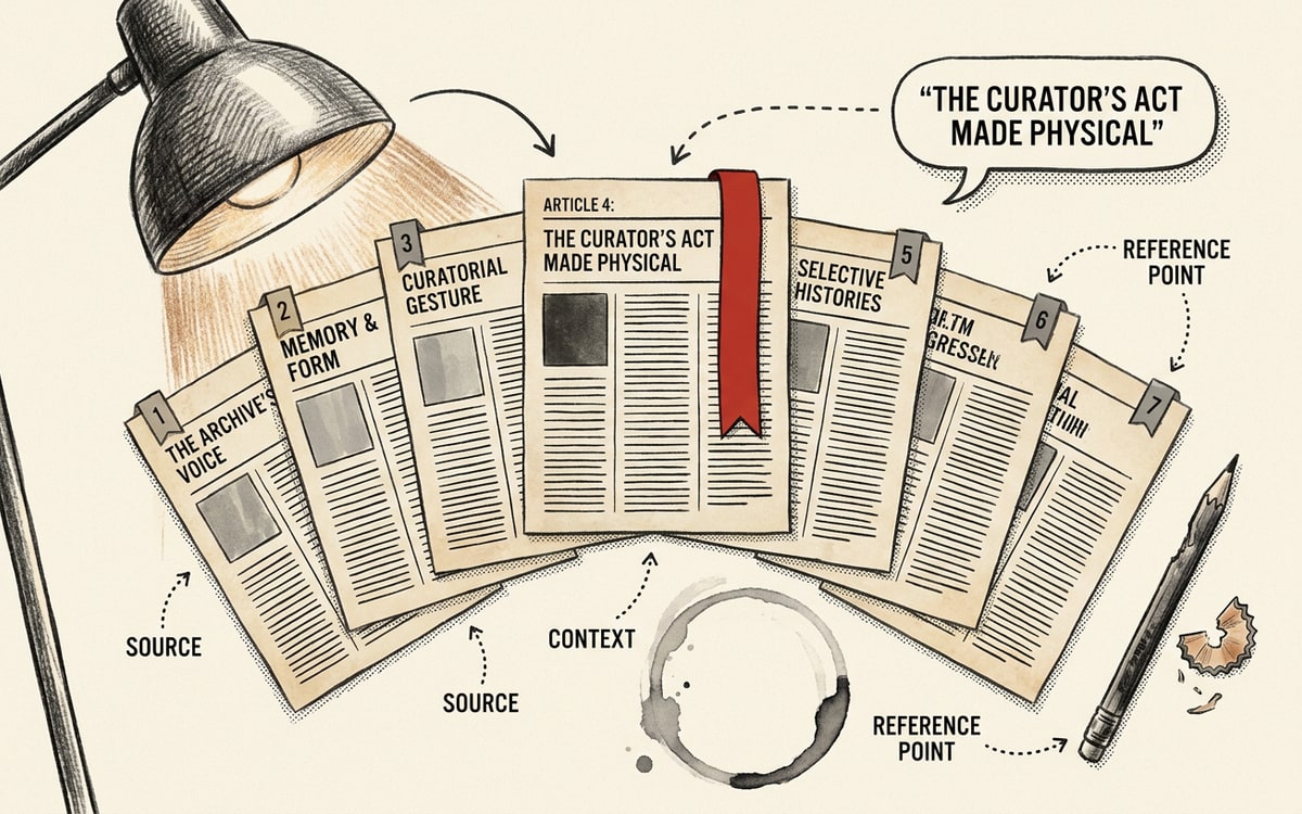 A reading desk under one warm lamp with seven articles fanned out in a semicircle, one bright red bookmark sticking out of each, the curator's act made physical