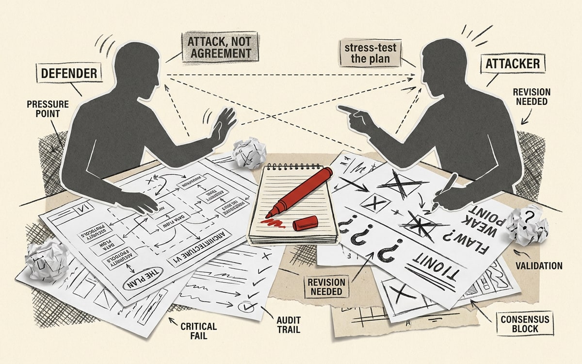 Two facing figures sharpened into red and grey silhouettes, one defending a plan, one attacking it, over a sparse desk with a single red marker between them, conveying the 'attack, not agreement' doctrine