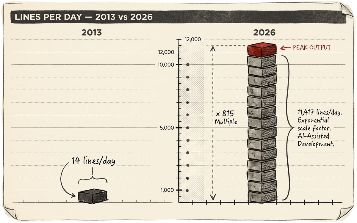 A two-column comparison on cream paper: the left column labeled 2013 contains a single short charcoal-ink block representing 14 lines per day, the right column labeled 2026 contains a tall stack of fourteen blocks representing 11,417 lines per day, with the topmost block in the right stack shaded solid red