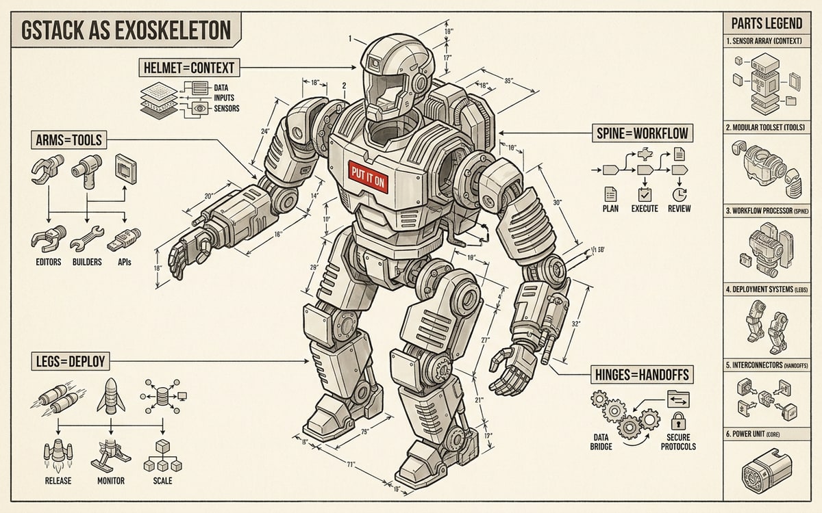 An empty exoskeleton or mech suit drawn as flat charcoal-ink geometric shapes on cream paper, articulated with hinges and ribbed sections, standing upright in the center, with a single small editorial red badge over the chest plate, evoking Garry Tan's mech-warrior-suit framing of gstack as a transferable exoskeleton anyone can put on