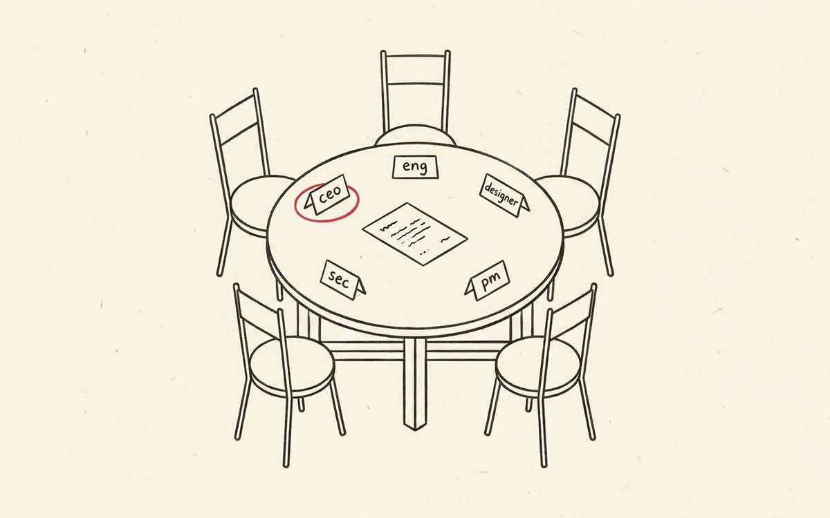 A small round meeting table drawn in charcoal ink on cream paper, with five empty geometric chairs arranged around it, each chair tagged with a folded paper place-card labeled CEO, Eng, Designer, Sec, PM; in the center sits a single sheet of paper representing the design doc, and a single editorial red ink ring marks the CEO place-card