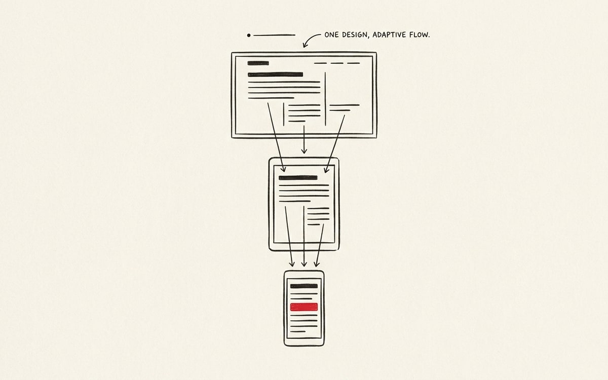 A vertical cascade of three abstract device frames on cream paper, drawn as simple charcoal-ink rectangles in descending widths from desktop to tablet to mobile, with thin ink arrows between them showing the same content reflowing downward, and a single short ink line shaded solid editorial red in the mobile frame at the bottom