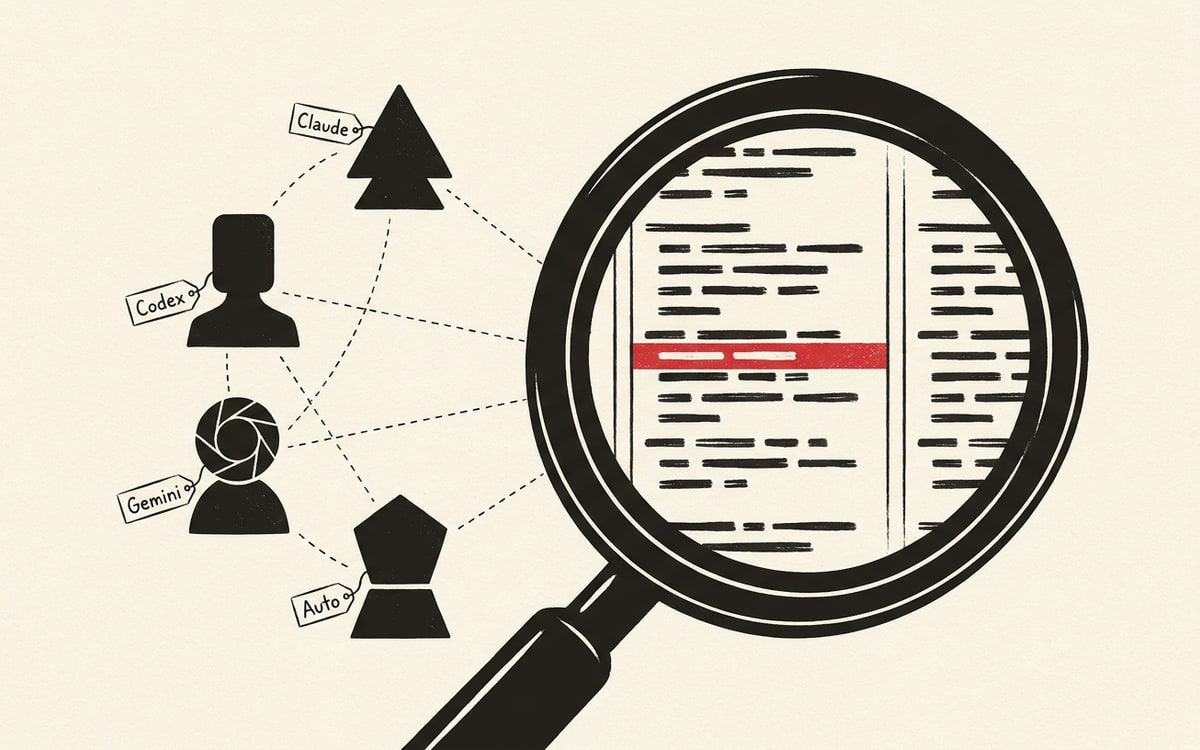 A large charcoal-ink magnifying glass tilted at an angle on cream paper, with several short hash-marks of code visible through its lens and one of them shaded solid editorial red marking the bug; to the left, four small geometric reviewer silhouettes tagged Claude, Codex, Gemini, Auto, representing the cross-model review pair