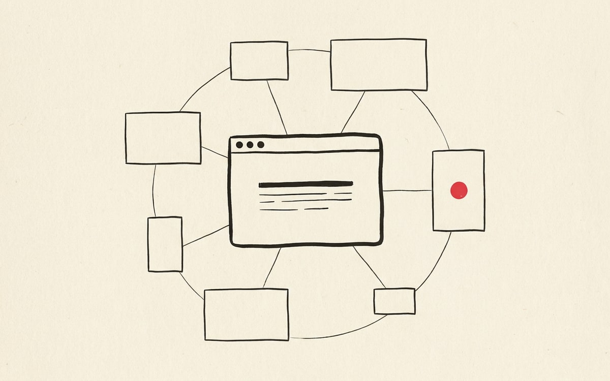 A central charcoal-ink browser window outline on cream paper, surrounded by five smaller geometric viewport rectangles of varying sizes arranged in a loose orbit, each connected to the browser by a thin ink hairline, with one of the small viewports containing a single editorial red dot at its center marking the bug found by QA