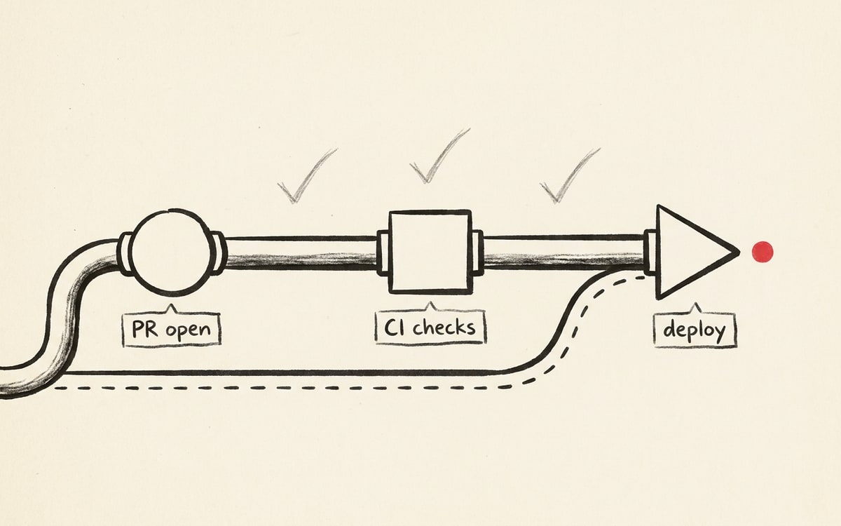 A horizontal pipeline drawn as a thick charcoal-ink tube running across cream paper, with three labeled stations along its length, a circle for PR open, a square for CI checks, a triangle for deploy, and a small editorial red dot at the triangle marking the live release; three faint ink check-marks float above the pipeline