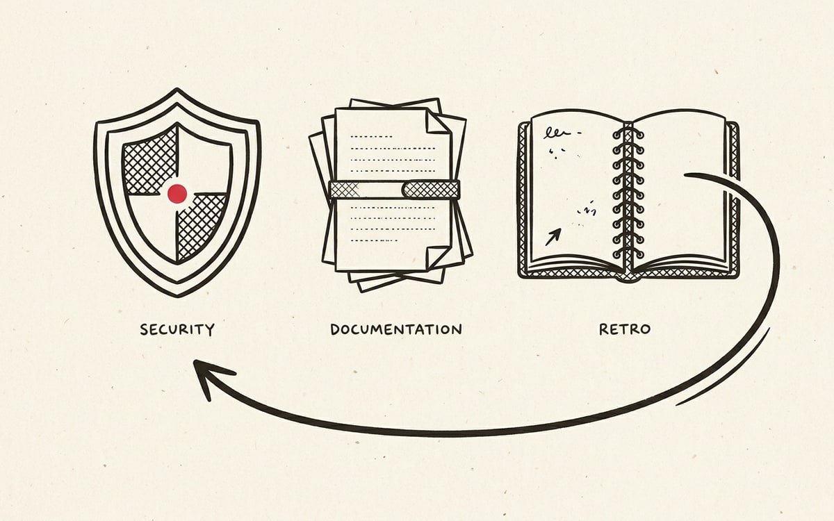 Three small charcoal-ink icons arranged horizontally on cream paper, a shield on the left for security with a single editorial red dot at its center, a stack of pages in the middle for documentation, and a small open notebook on the right for retro, with a single charcoal curved arrow looping from the notebook back to the shield to suggest the closing of the sprint loop