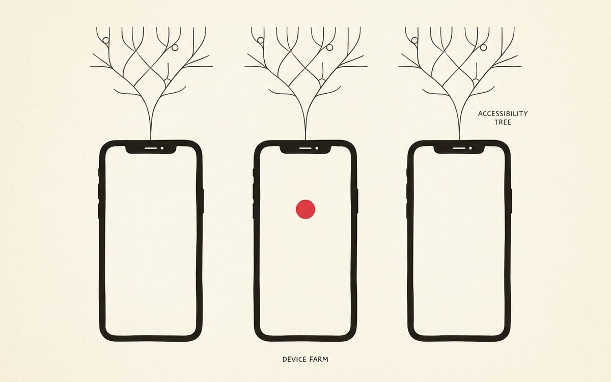 A row of three identical iPhone-shaped charcoal-ink rectangles on cream paper, drawn as upright geometric devices with rounded corners and small notches at the top; above each phone a thin charcoal hairline rises into a small branching tree shape representing the accessibility tree, and the middle phone has a single editorial red dot on its screen marking the visual bug found by /ios-qa