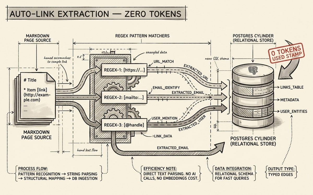 Auto-link extraction: a markdown page enters, three regexes fire, typed edges flow into Postgres — zero LLM tokens spent