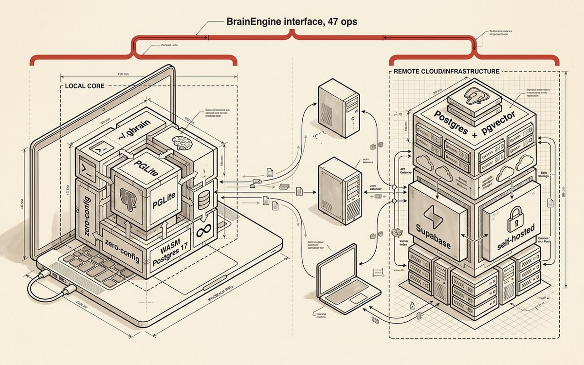 Two engines on one contract: PGLite locally, Postgres+pgvector at scale