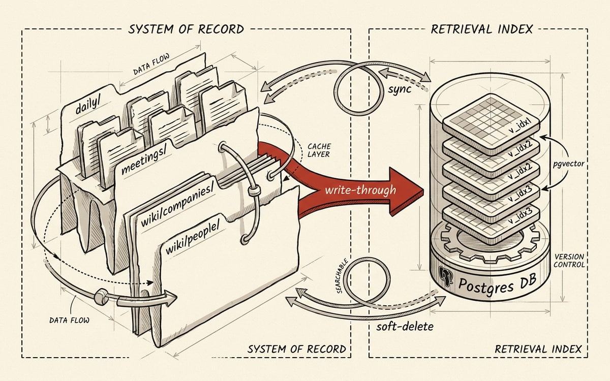 Markdown repo as system of record on the left, Postgres database as retrieval index on the right, write-through arrow connecting them — repo is truth, DB is the index