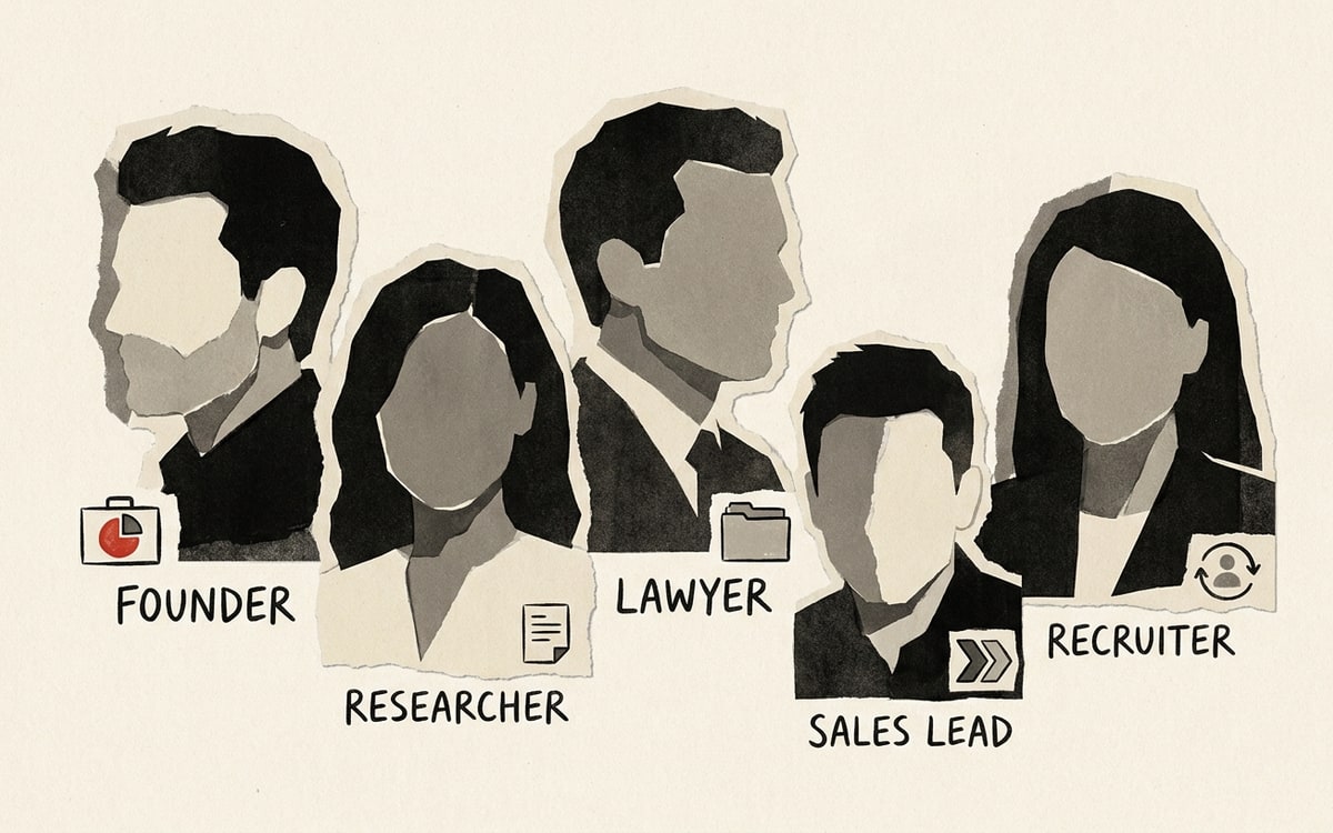 Five operator personas as torn-paper portraits: founder, researcher, lawyer, sales lead, recruiter — each with their own custom-typed brain pack