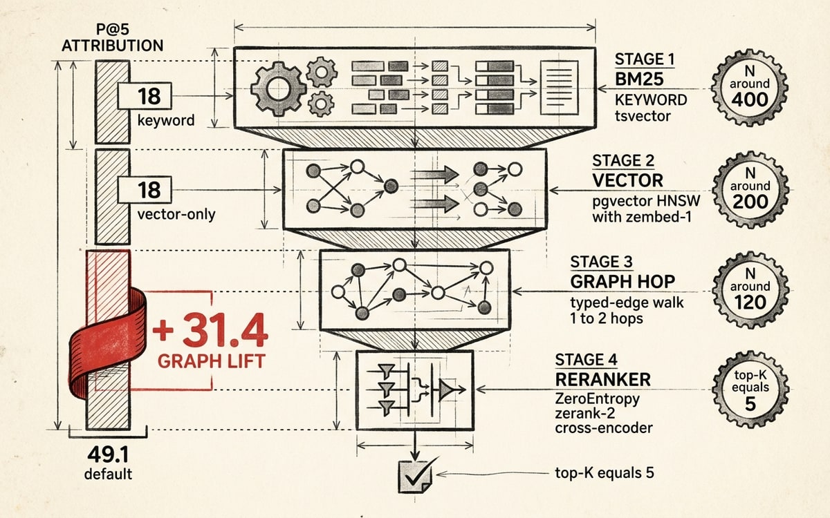 Four-stage retrieval funnel with P@5 attribution per stage: BM25 18 baseline, vector 18 baseline, graph hop +31.4, reranker top-K 5