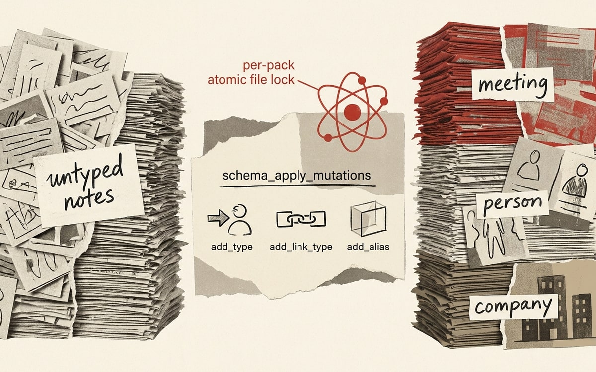 Agent-authored schema: agent proposes type, validates, applies atomically, backfills