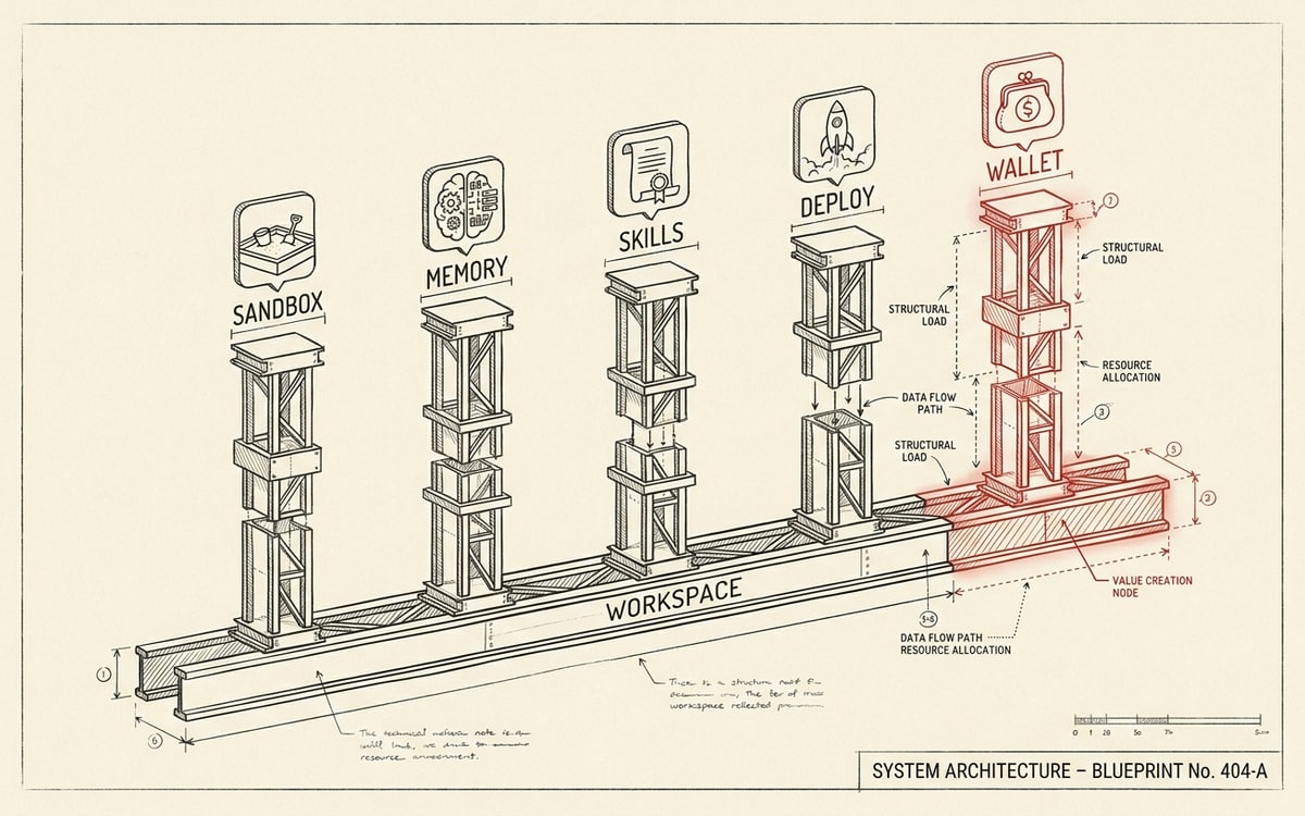 A long charcoal-ink diagram on cream paper showing a horizontal rail labeled WORKSPACE with five vertical pillars rising from it, labeled SANDBOX, MEMORY, SKILLS, DEPLOY, WALLET, each topped with a small artifact badge; a single red highlight marks the WALLET pillar as the structural inflection point