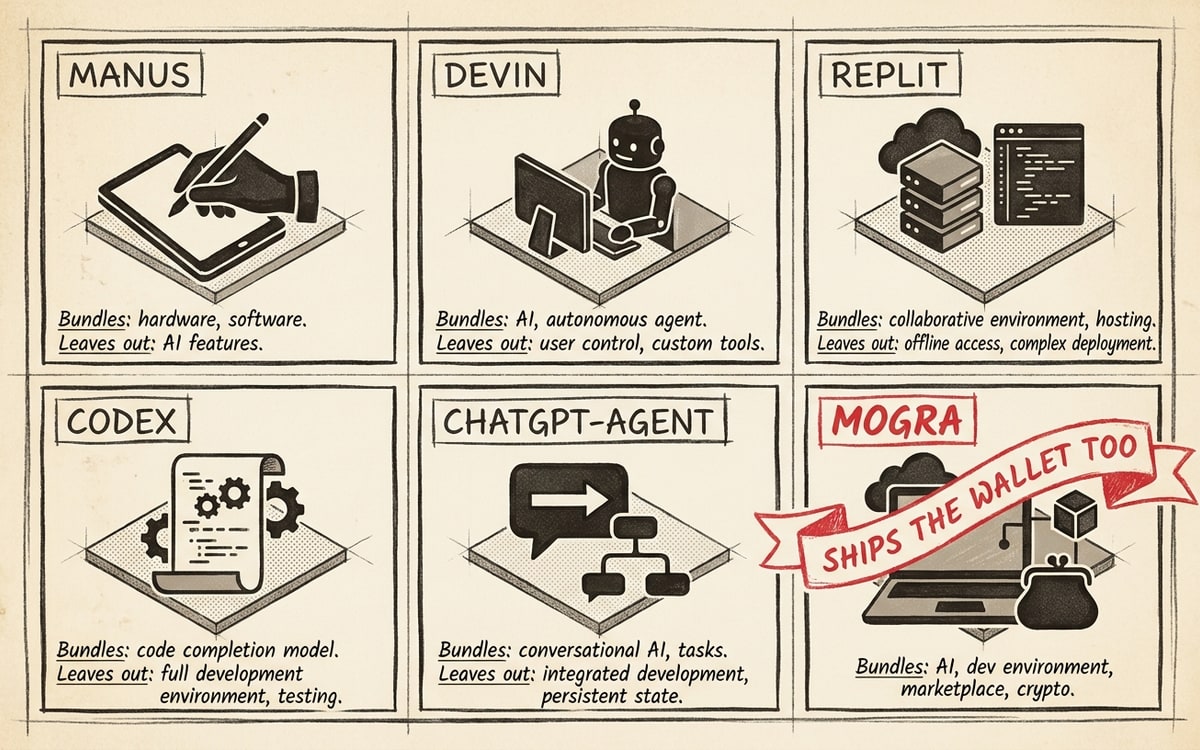 A six-panel cartoon on cream paper, six small charcoal-ink silhouettes labeled MANUS, DEVIN, REPLIT, CODEX, CHATGPT-AGENT, MOGRA, arranged in a 2x3 grid; small annotations beneath each silhouette indicate what each one bundles or leaves out; a single red ribbon across the MOGRA panel reads "ships the wallet too"