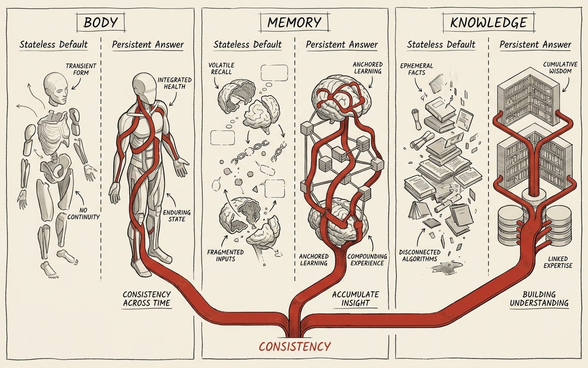 A three-panel cartoon on cream paper, three vertical comparison panels labeled BODY, MEMORY, KNOWLEDGE, each panel showing the stateless default on the left and the persistent answer on the right, with a single red ribbon connecting the three persistent answers across the bottom
