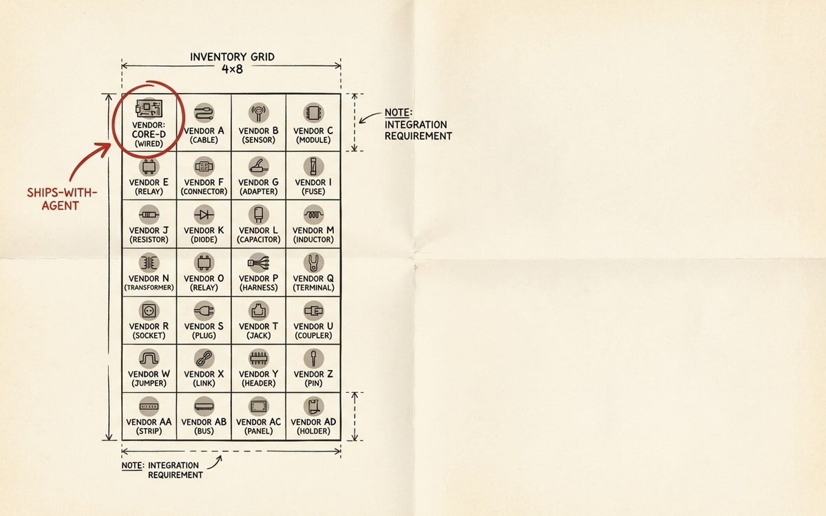 A small inventory grid in charcoal ink on cream paper, four columns by eight rows, each cell containing a tiny labeled badge for one wired vendor; the top-left cell is circled in red and labeled SHIPS-WITH-AGENT