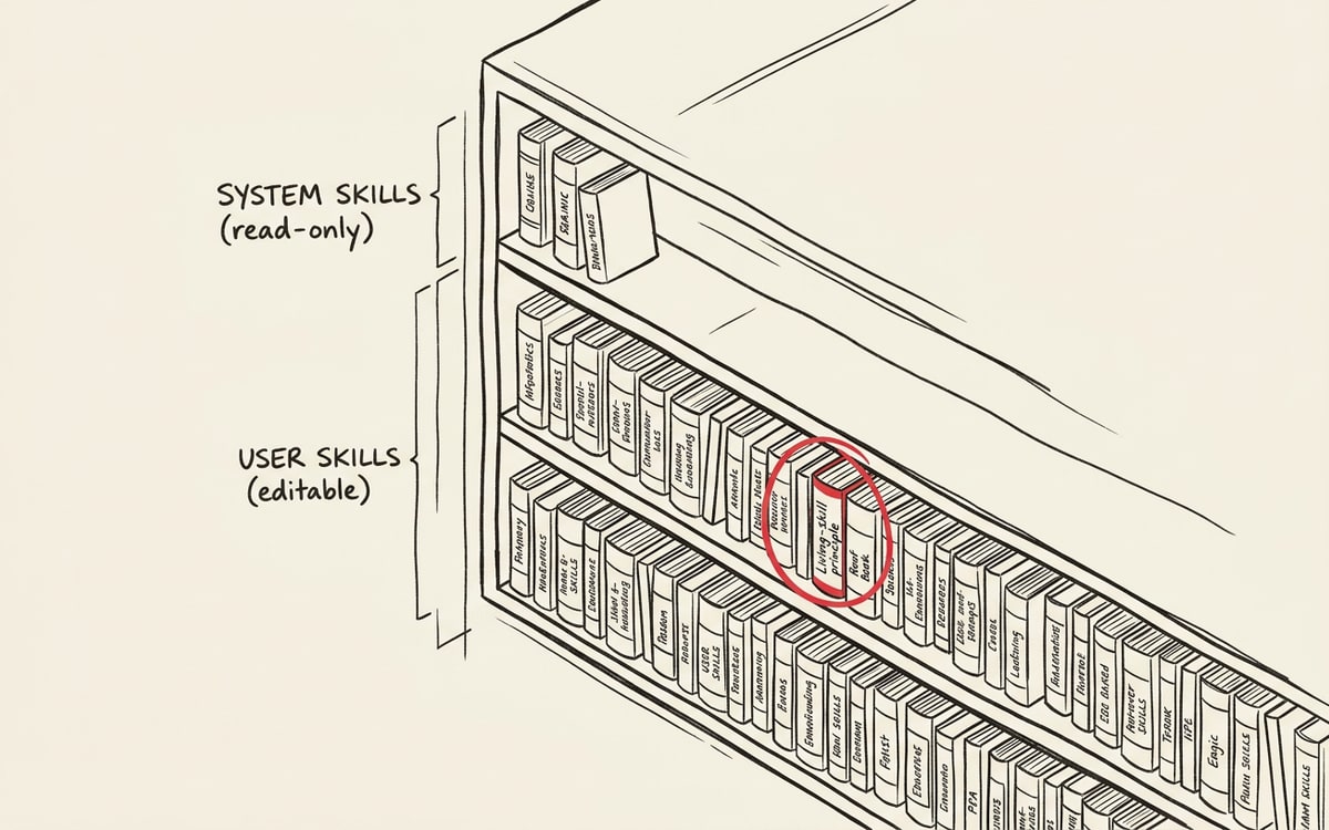A bookshelf drawn in charcoal ink on cream paper with three labeled shelves: top shelf labeled SYSTEM SKILLS (read-only) holding three small books; middle and bottom shelves labeled USER SKILLS (editable) holding many small books with hand-written paper labels; one book on the middle shelf circled in red to highlight the living-skill principle