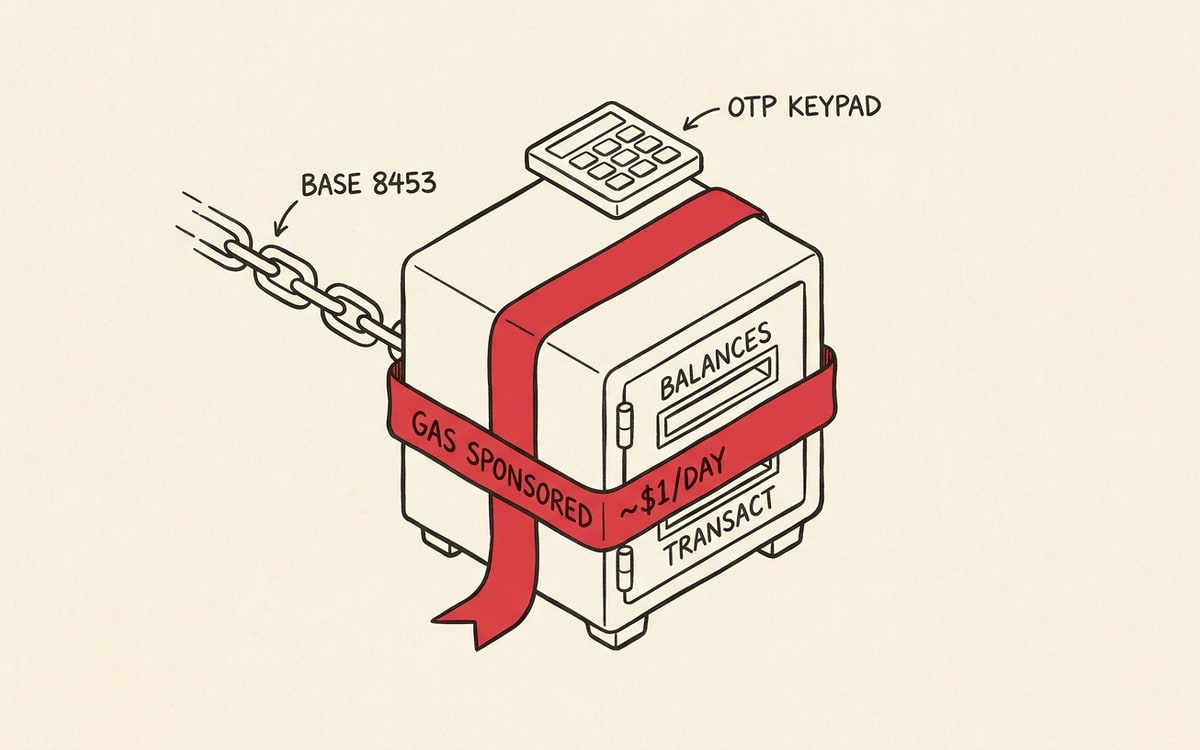 A small isometric drawing of a smart-account safe on cream paper, with a chain link extending out the back labeled BASE 8453, a six-digit OTP keypad above it, two slots labeled BALANCES and TRANSACT, and a red ribbon around the safe reading GAS SPONSORED ~$1/DAY