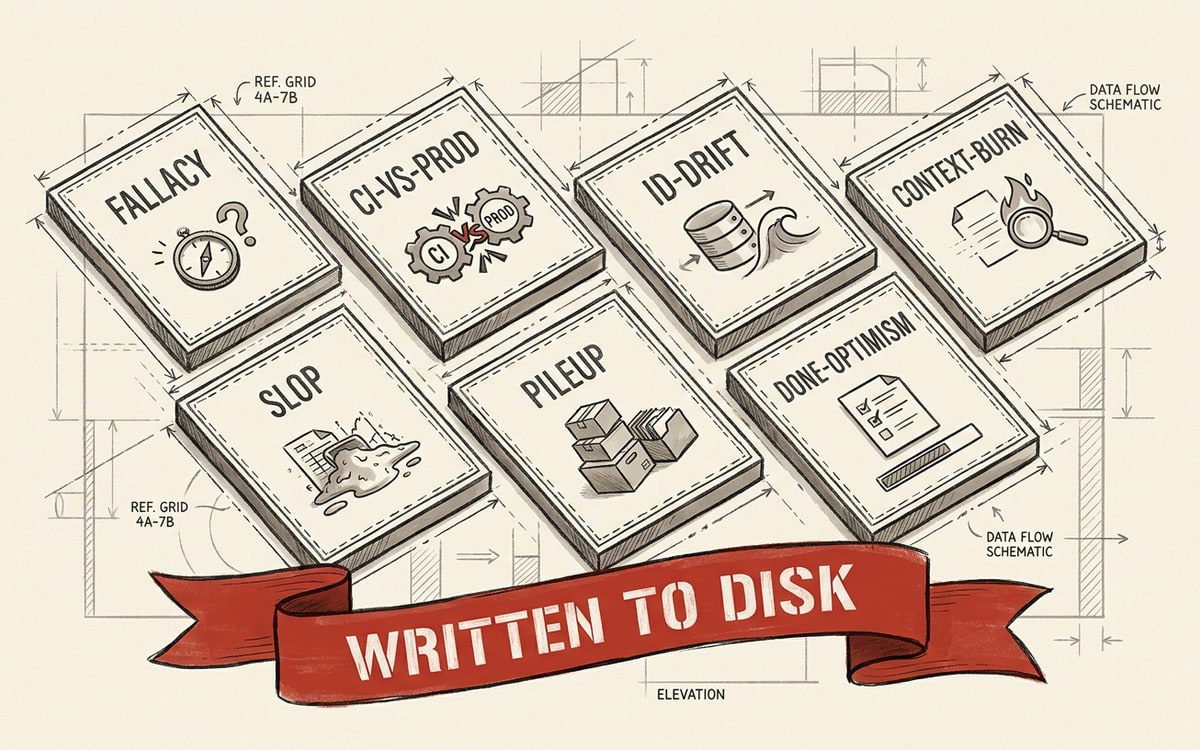 A small periodic-table-style grid on cream paper, seven labeled tiles arranged in two rows (FALLACY, CI-VS-PROD, ID-DRIFT, CONTEXT-BURN, SLOP, PILEUP, DONE-OPTIMISM), each tile carrying a tiny icon below the label, with a single red ribbon across the bottom reading WRITTEN TO DISK