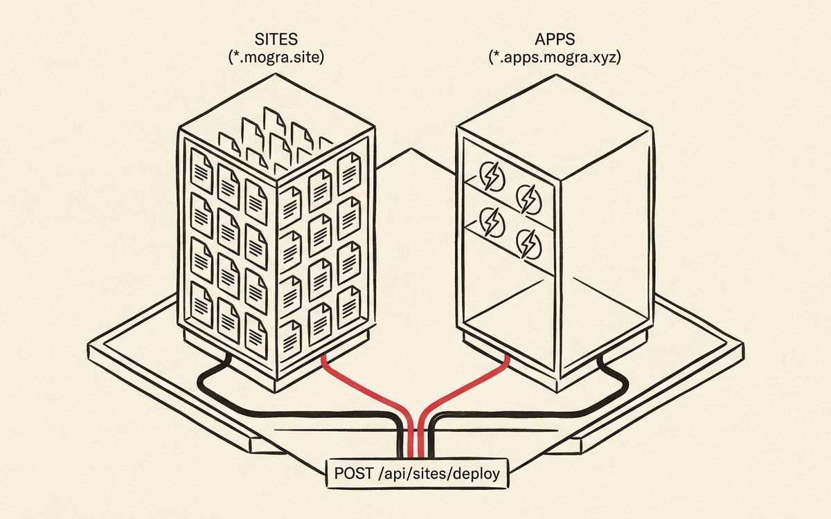 A small isometric drawing on cream paper of two charcoal-ink server cabinets side by side, the left cabinet labeled SITES (*.mogra.site) and stacked with twenty-five small page icons, the right cabinet labeled APPS (*.apps.mogra.xyz) and holding three small lightning-bolt edge-worker badges, both cabinets connected at the bottom by a red wire to a single deploy button labeled POST /api/sites/deploy