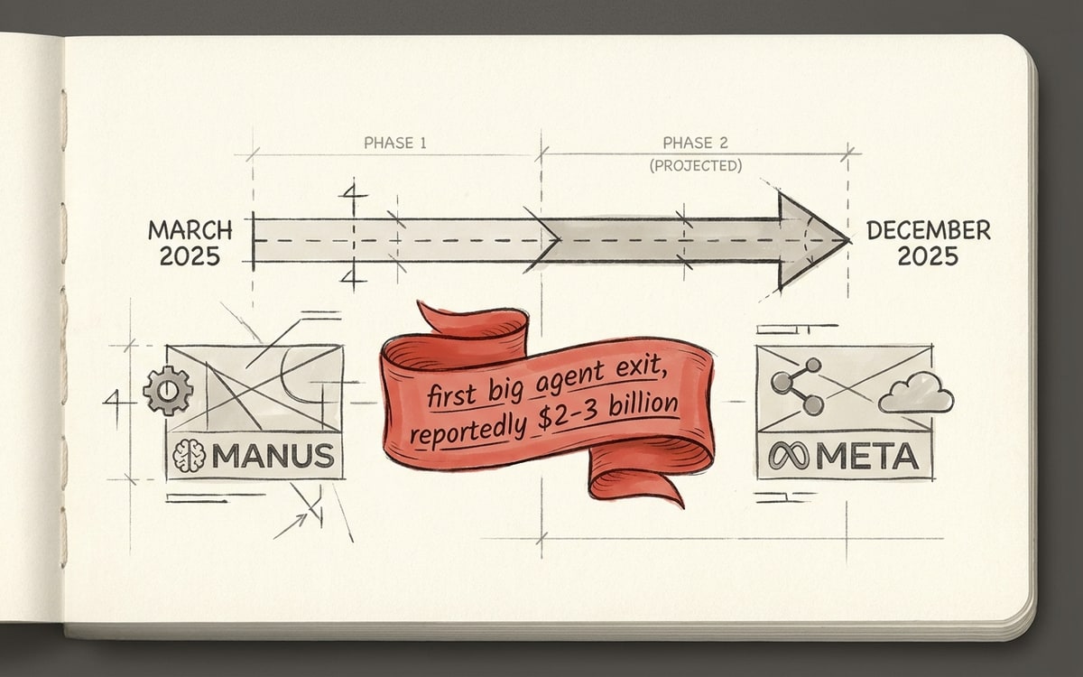 A small timeline diagram on cream paper, a horizontal arrow from MARCH 2025 to DECEMBER 2025, with the MANUS logo on the left and the META logo on the right, a red ribbon under the arrow reading "first big agent exit, reportedly $2-3 billion"