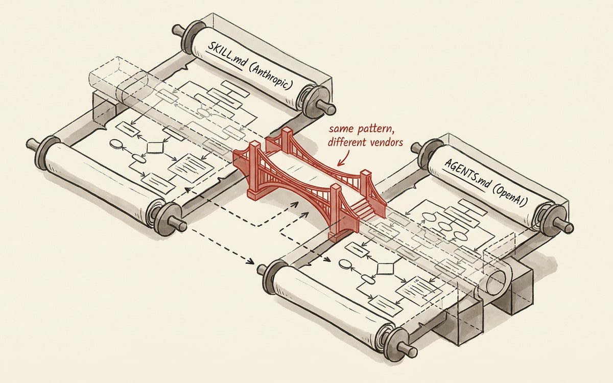 Two parchment scrolls side by side on cream paper, the left scroll labeled SKILL.md (Anthropic), the right scroll labeled AGENTS.md (OpenAI), with a single red bridge between them captioned "same pattern, different vendors"