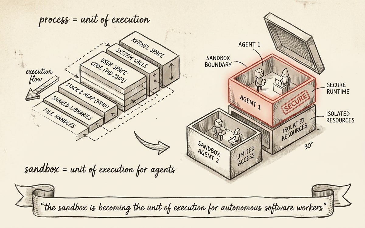 A small two-panel illustration on cream paper: the top panel labeled "process = unit of execution" shows a vertical stack of OS-process diagrams; the bottom panel labeled "sandbox = unit of execution for agents" shows the same stack morphed into sandboxes; a quote ribbon under the diagram reads "the sandbox is becoming the unit of execution for autonomous software workers"