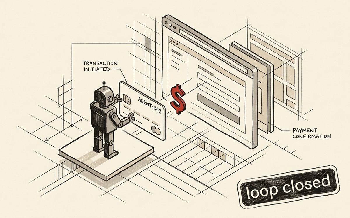 A cartoon on cream paper showing a small charcoal-ink robot agent holding a credit card with the agent's name on it, standing in front of a Stripe-style payment link rendered on a browser window; a single red dollar sign hovers between the card and the browser; a hand-written sticker at the corner reads "loop closed"