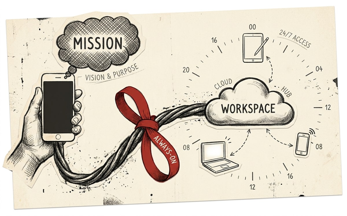 A long charcoal-ink drawing on cream paper showing a hand holding a phone in foreground with a thought bubble labeled MISSION, a horizontal cable running from the phone into a small cloud labeled WORKSPACE in the middle distance, and three thin-client icons LAPTOP IPAD IPHONE arranged on a clock face around the cloud showing a 24-hour rotation; a single red ribbon ties the phone to the cloud labeled ALWAYS-ON