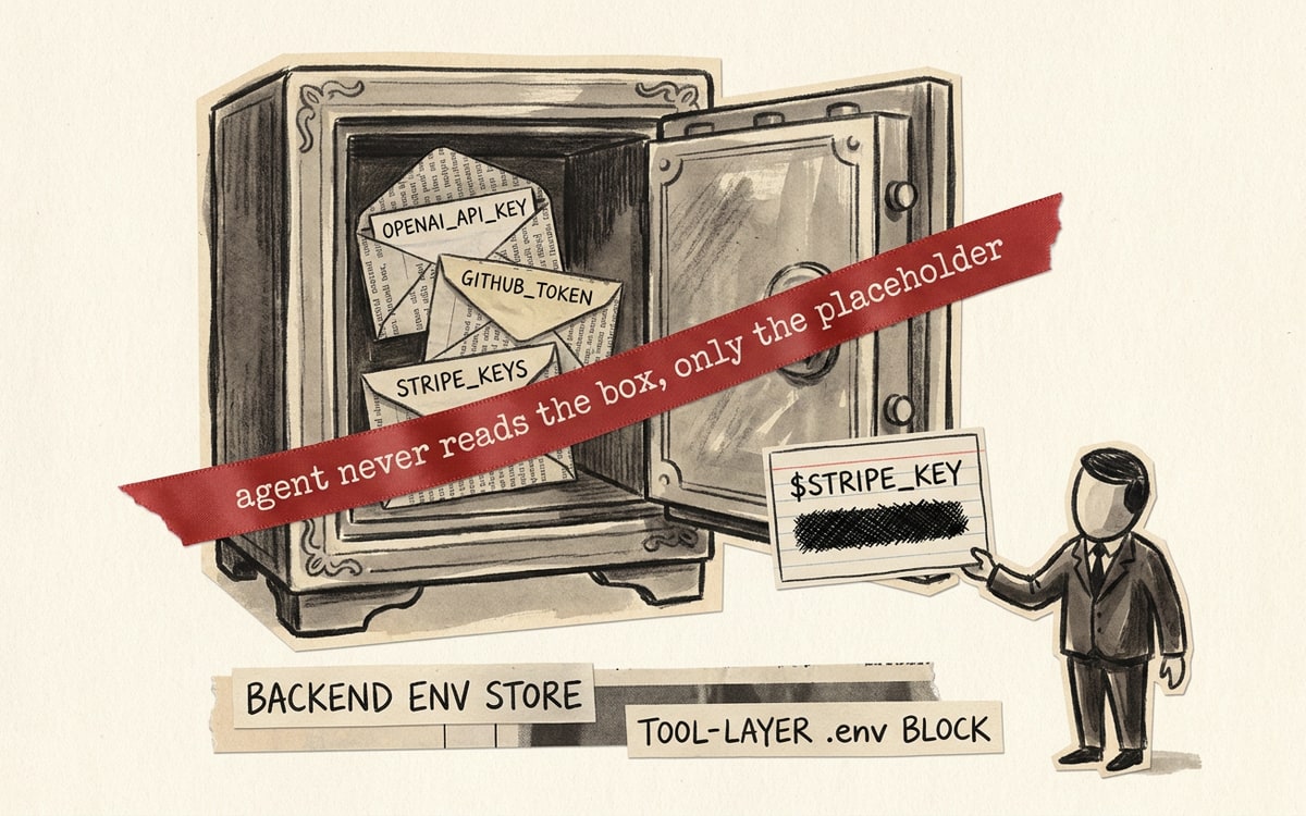 A charcoal-ink editorial illustration on cream paper of a stately safe-deposit box mounted on a wall, door slightly ajar revealing labeled envelopes inside (OPENAI_API_KEY, GITHUB_TOKEN, STRIPE_KEYS). A small charcoal-ink agent figure stands outside the box holding a placeholder index card that reads $STRIPE_KEY with the actual value visibly redacted. A red ribbon stretched diagonally across the safe reads "agent never reads the box, only the placeholder". Two hand-written labels below name the two enforcement layers: BACKEND ENV STORE and TOOL-LAYER .env BLOCK